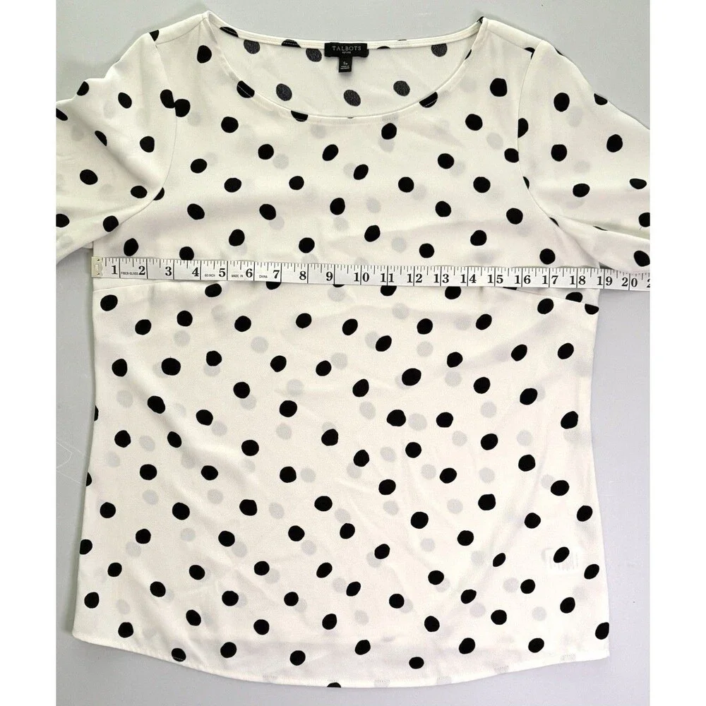 Talbots Petites Polka Dot Blouse Sz SP Ivory Black Bell Sleeve Capsule Career